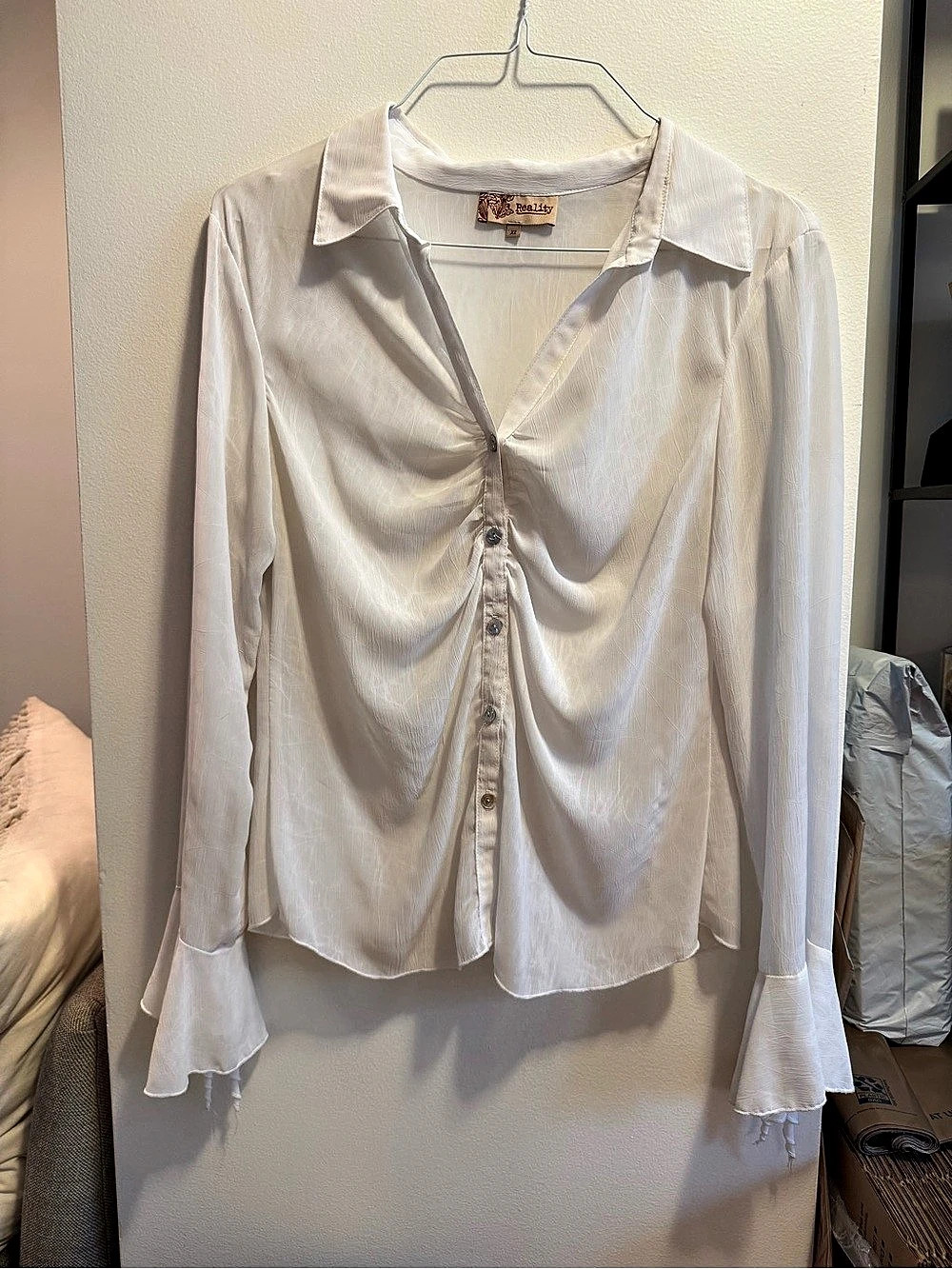 Vintage Y2K Reality Ruched Satin Flare-Cuff Blouse